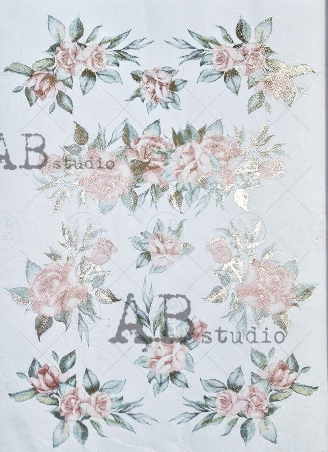 gilded pink roses with green leaves AB Studio Rice Papers