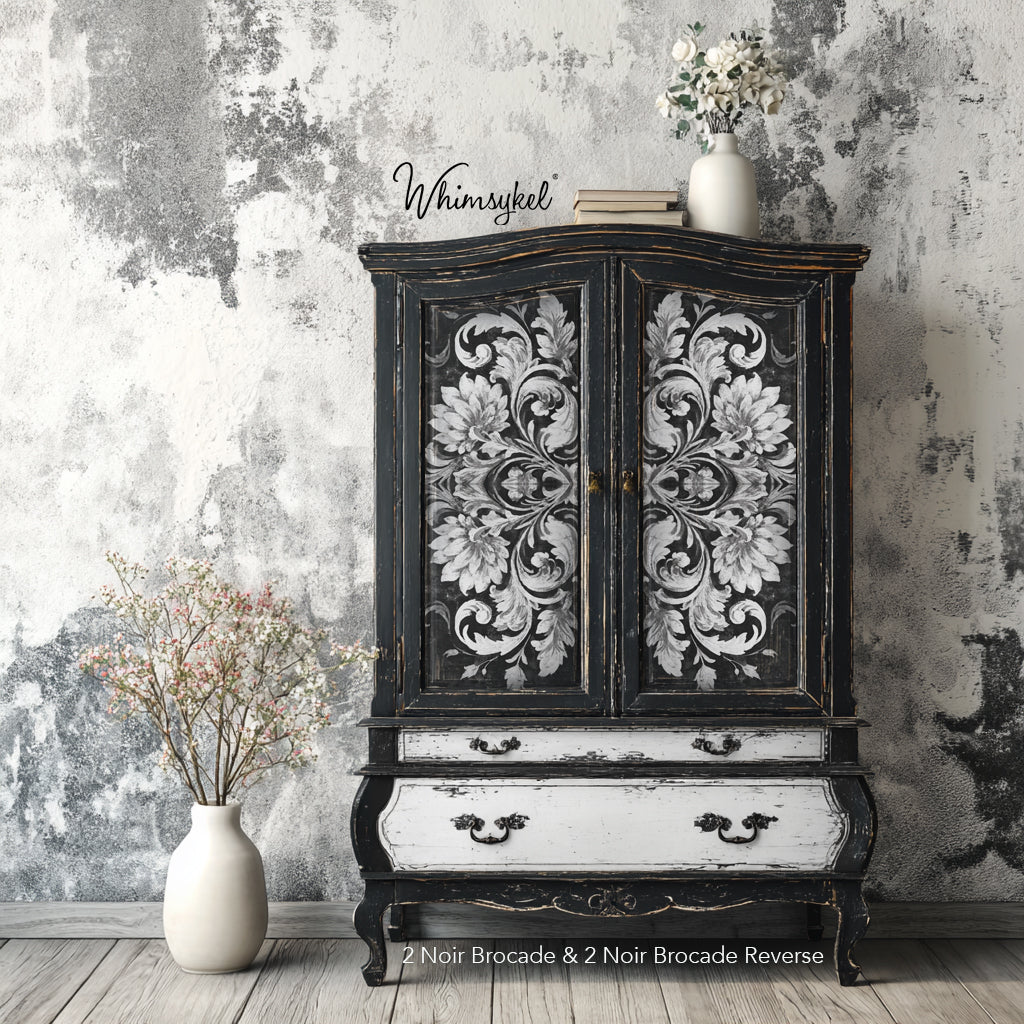 Decorative cabinet with floral patterns against a textured wall, featuring the brand 'Whimzykel'.