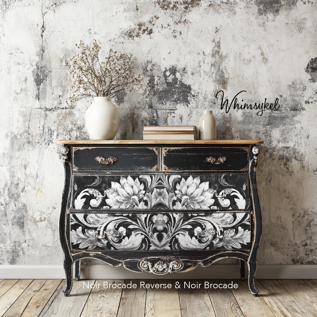Decorative black and white chest of drawers against a textured wall with 'Whimsykel' branding.