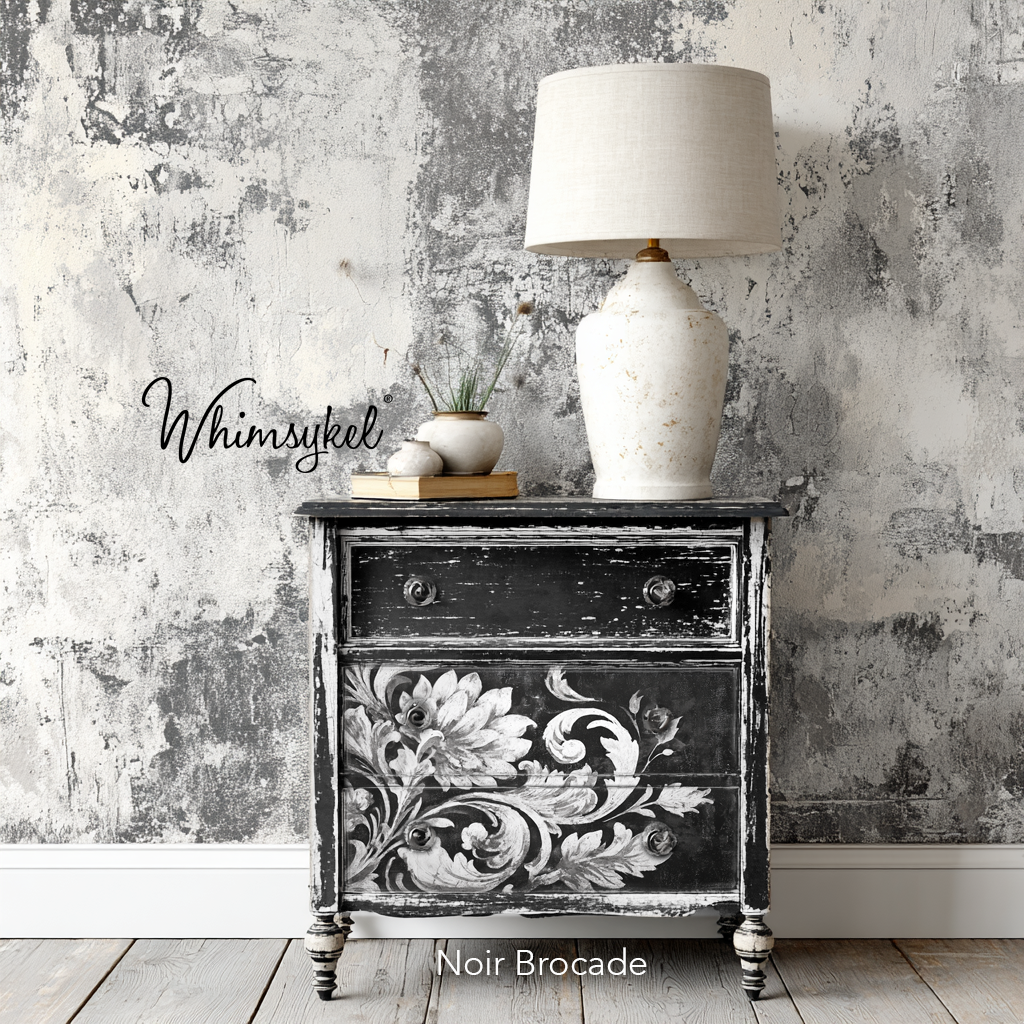 Decorative chest with floral design against a textured wall with 'Whimsykel' branding.