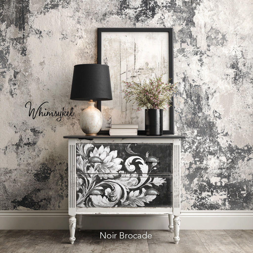 Decorative cabinet with floral design against a textured wall with 'Whimsykel' branding.