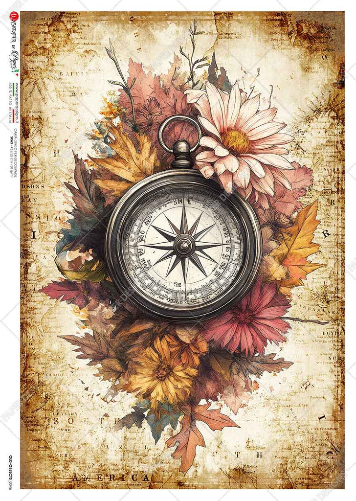 Black and white compass surrounded by red yellow and pink flowers and leaves on parchment background. Beautiful Rice Paper of Exquisite Quality for Decoupage crafts.