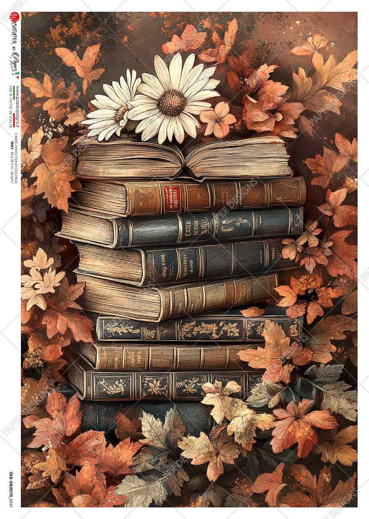 Black and brown stack of books topped with white daisies and surrounded by autumn leaves Beautiful Rice Paper of Exquisite Quality for Decoupage crafts.