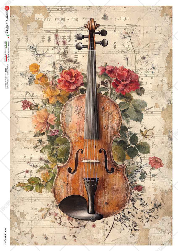 Vintage violin surrounded by red pink and yellow flowers and greenery on sheet music background. Beautiful Rice Paper of Exquisite Quality for Decoupage crafts.