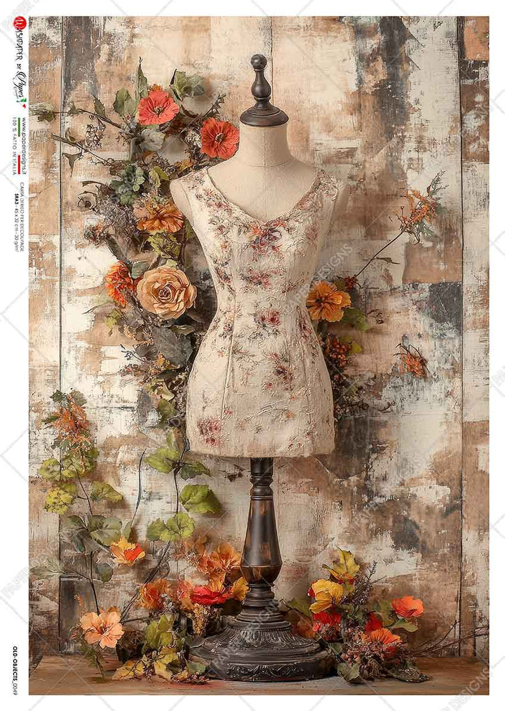 Vintage mannequin with red orange and pink flowers and leaves on multicolor neutral background. Beautiful Rice Paper of Exquisite Quality for Decoupage crafts.