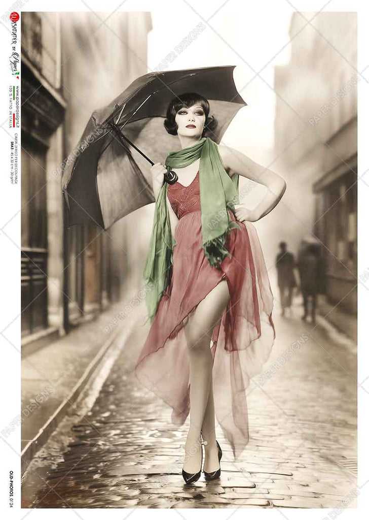 Vintage woman wearing red dress and green scarf holding umbrella on black and white background. Beautiful Rice Paper of Exquisite Quality for Decoupage crafts.