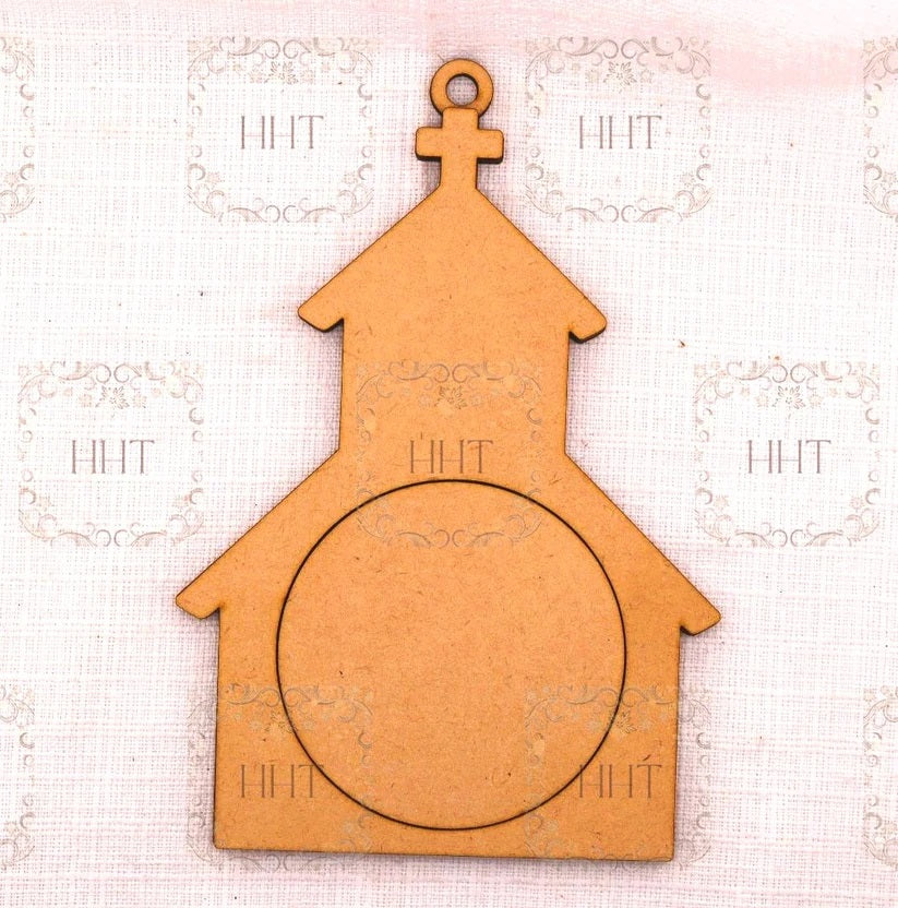 Handcrafted Holiday Traditions Church Ornament with Overlay Frame MDF 3 piece brown wood shape.