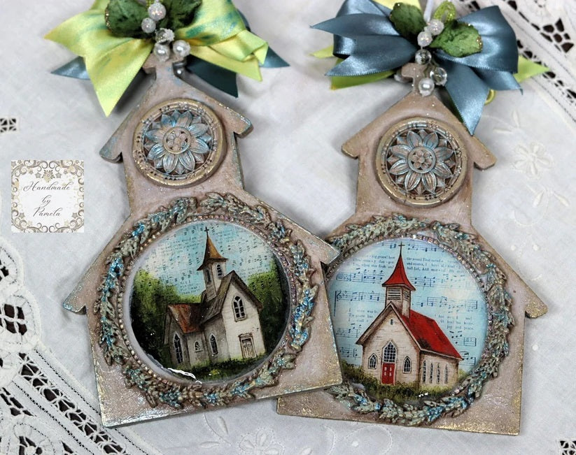 Handcrafted Holiday Traditions Church Ornament with Overlay Frame MDF 3 piece brown wood shape.