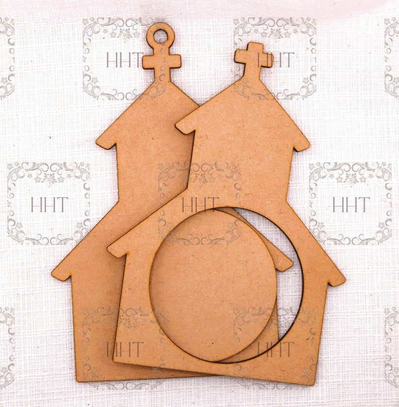 Handcrafted Holiday Traditions Church Ornament with Overlay Frame MDF 3 piece brown wood shape.