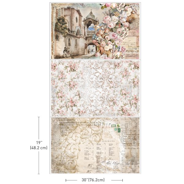 Old World Charm ReDesign with Prima Decoupage Tissue Paper set of 3 designs. The large 19"x30" size features florals and script in quaint town.