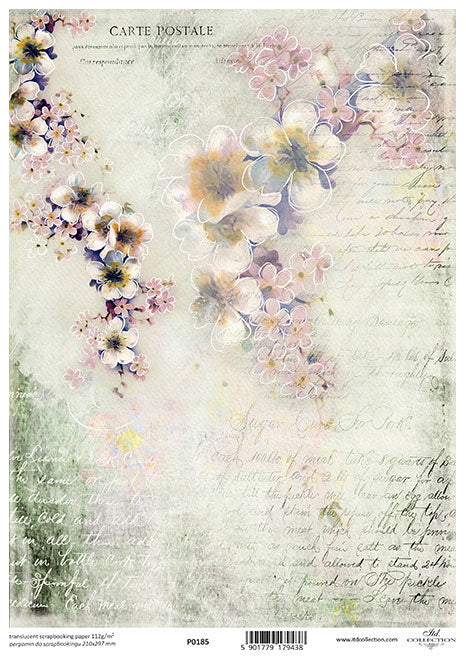 Pink white floral Blossoms and Script. Beautiful European ITD Collection Vellum Paper is of Exquisite Quality for Decoupage Art