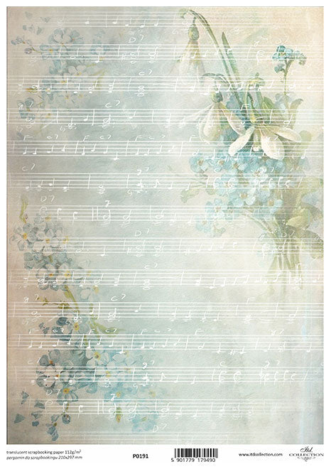 Blue flowers and music staff. Beautiful European ITD Collection Vellum Paper is of Exquisite Quality for Decoupage Art