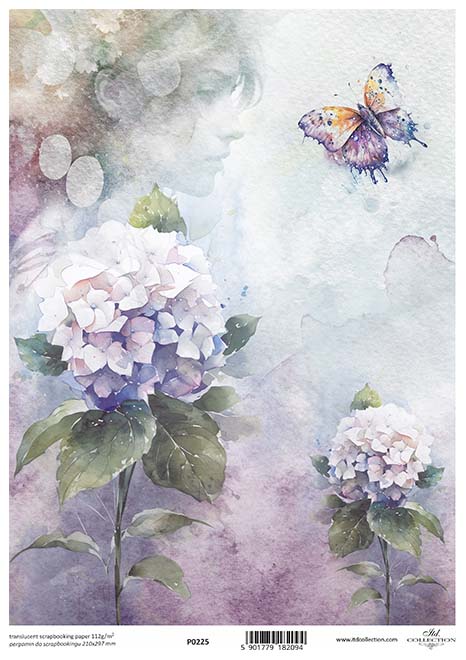Purple white hydrangea with butterfly. Beautiful European ITD Collection Vellum Paper is of Exquisite Quality for Decoupage Art