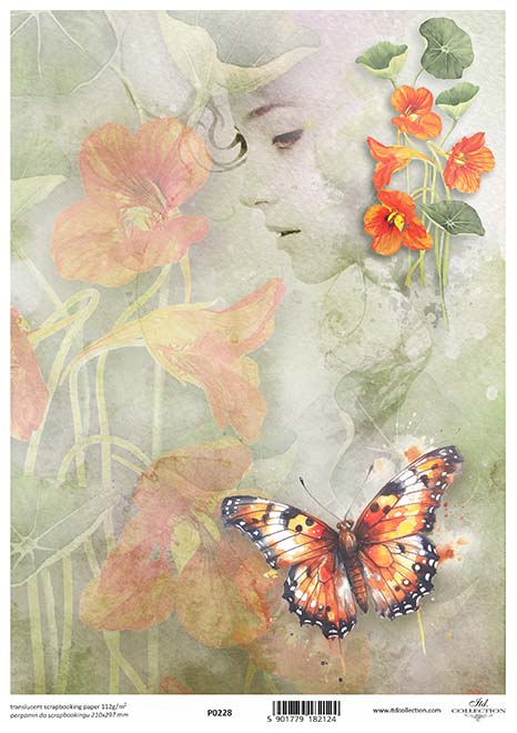 Orange flowers and monarch butterfly with human face in profile. Beautiful European ITD Collection Vellum Paper is of Exquisite Quality for Decoupage Art