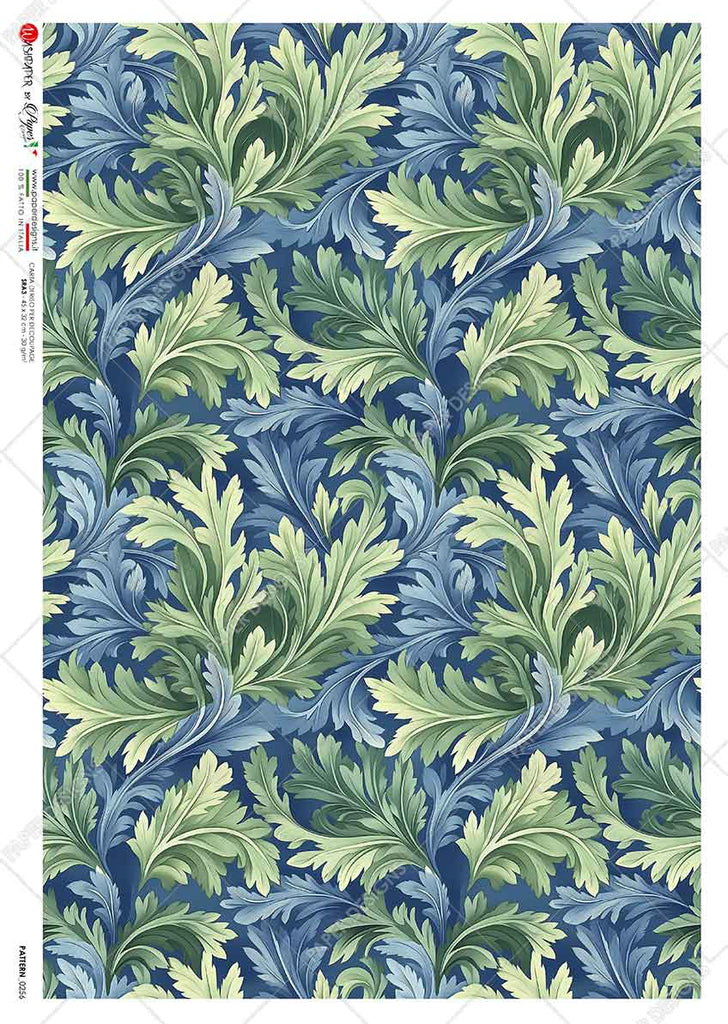 Blue and green flourishes on blue background. Beautiful Rice Paper of Exquisite Quality for Decoupage crafts.