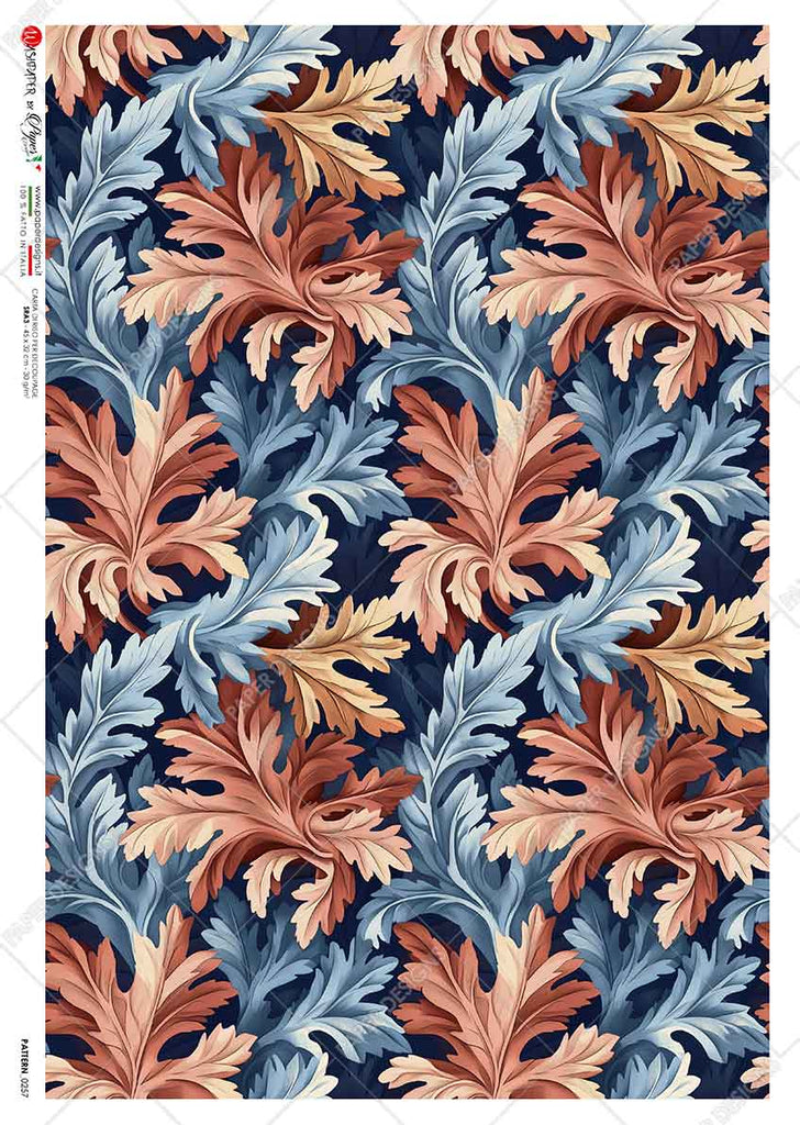 Blue and orange flourishes on blue background. Beautiful Rice Paper of Exquisite Quality for Decoupage crafts.