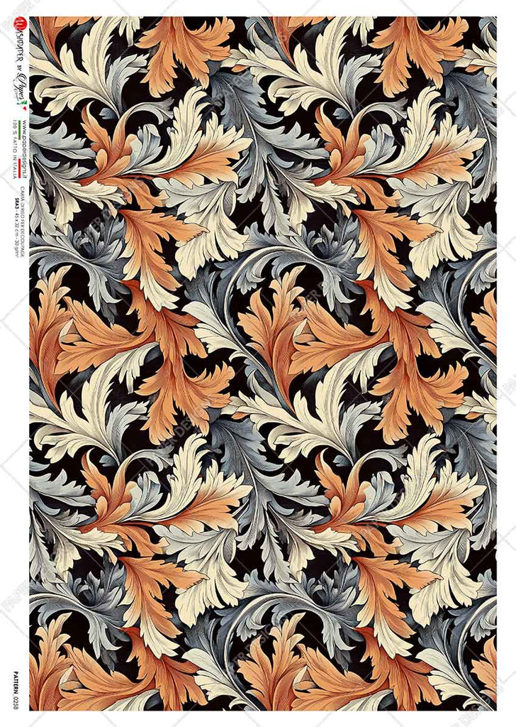 Orange and grey flourishes on black background. Beautiful Rice Paper of Exquisite Quality for Decoupage crafts.