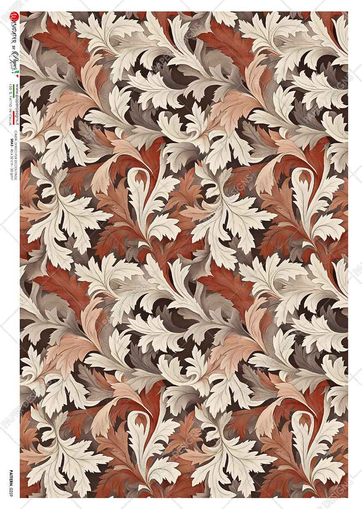 Red and tan flourishes on brown background. Beautiful Rice Paper of Exquisite Quality for Decoupage crafts.