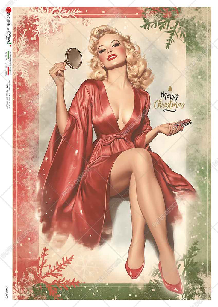 Blond pin-up girl wearing red silk robe on white background with red and green border. Beautiful Rice Paper of Exquisite Quality for Decoupage crafts.