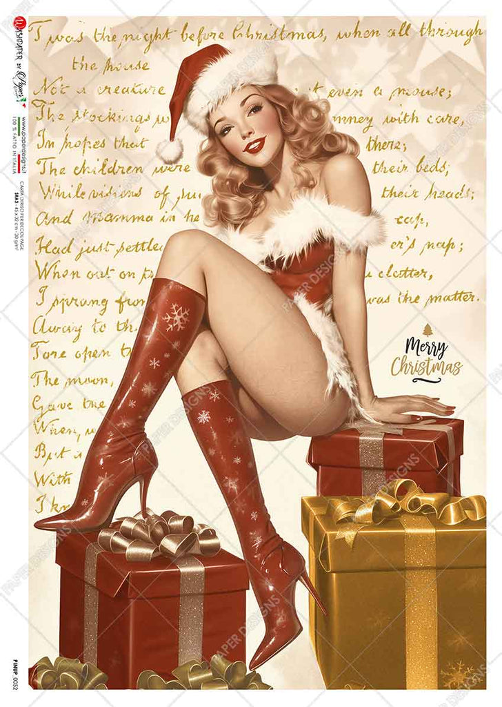 Holiday pin up girl in Santa hat red and white body suit and red knee-high boots sitting on red and gold presents with script background. Beautiful Rice Paper of Exquisite Quality for Decoupage crafts.