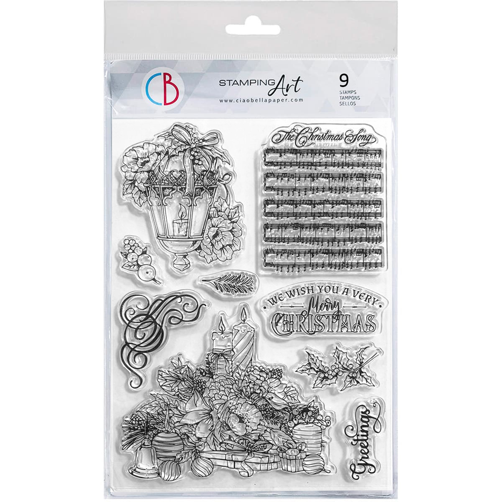 Set of Christmas-themed stamps in packaging with 'C & B Stamping Art' branding.