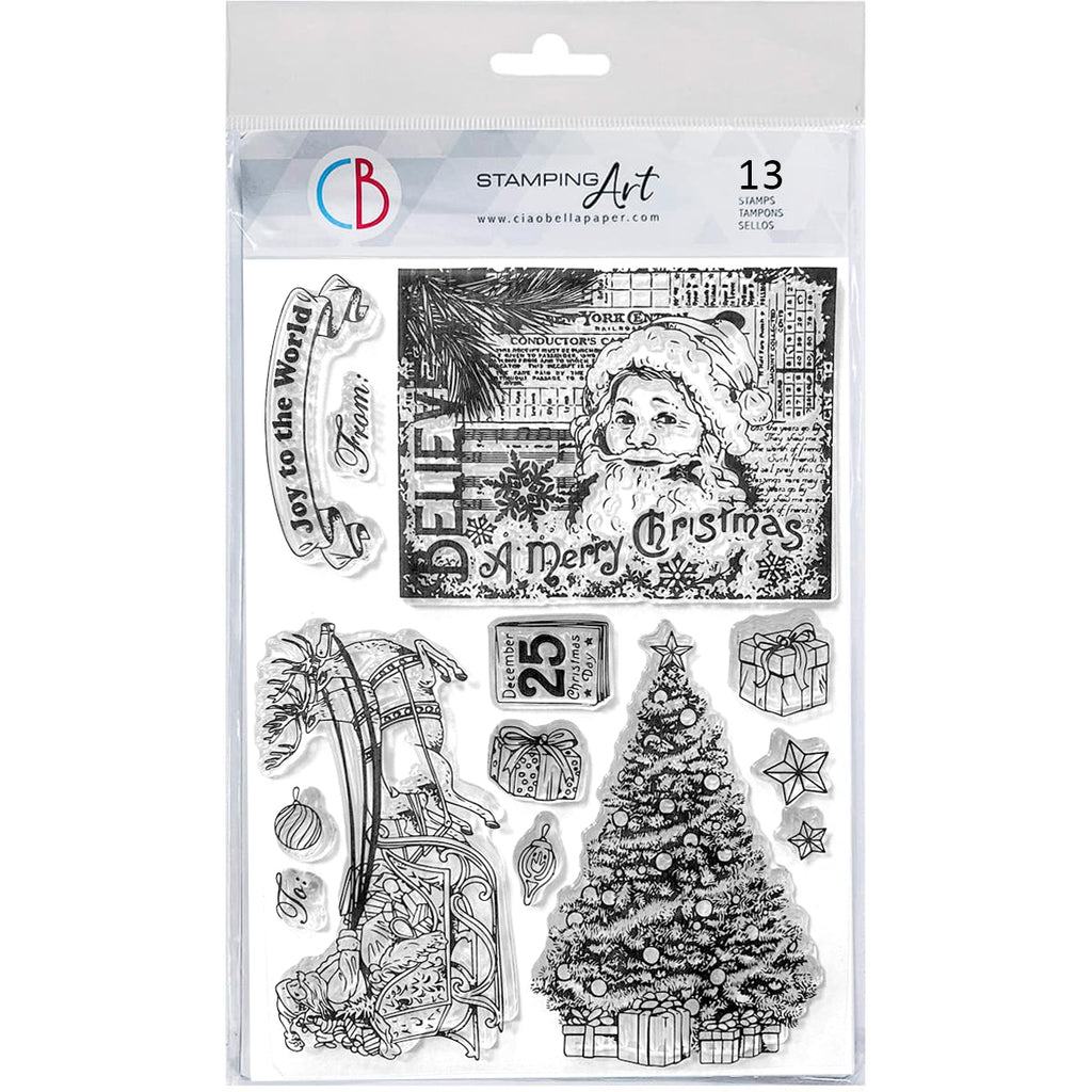 Clear stamps with Christmas designs on a packaging sheet
