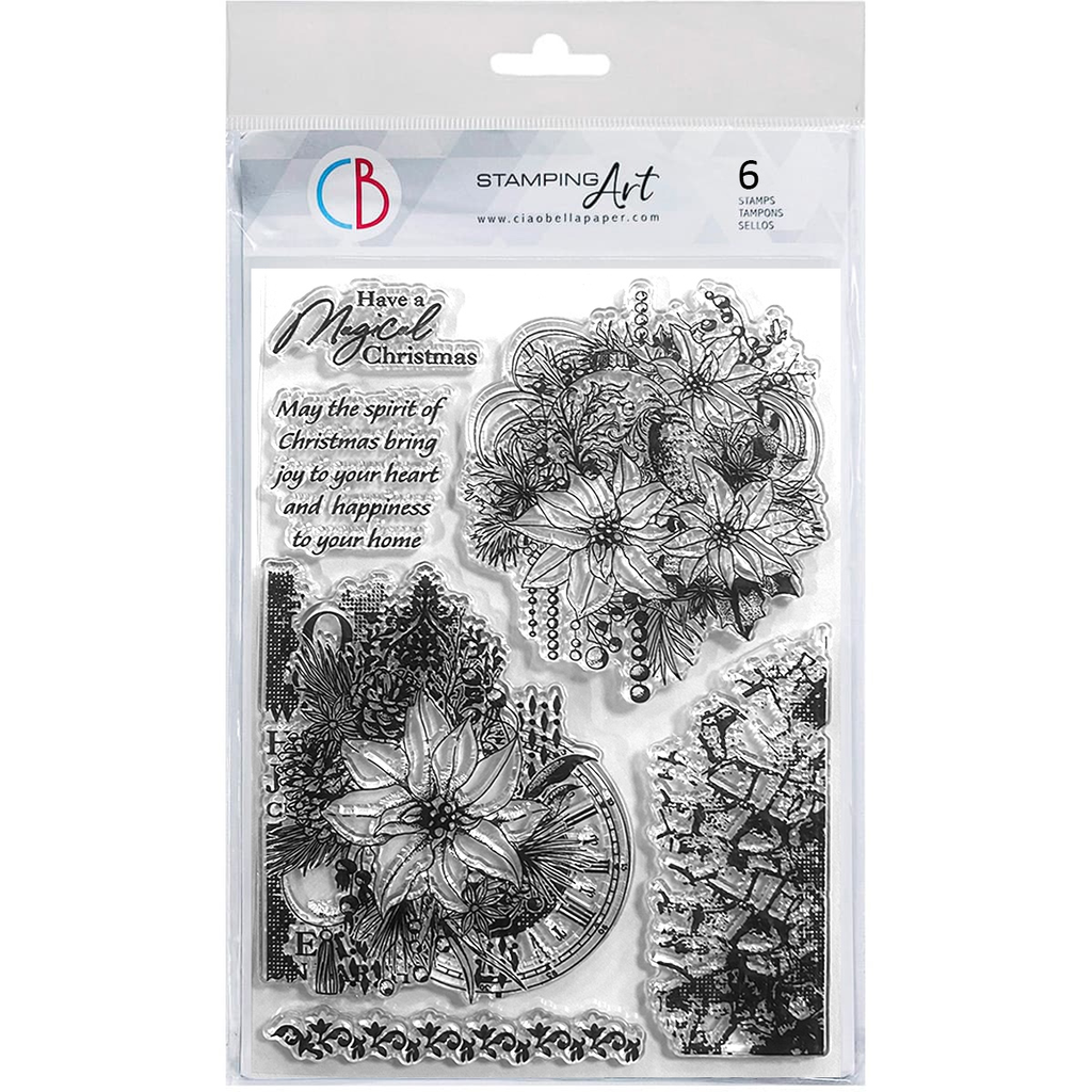 Package of Christmas-themed clear stamps with floral designs and text on a white background.