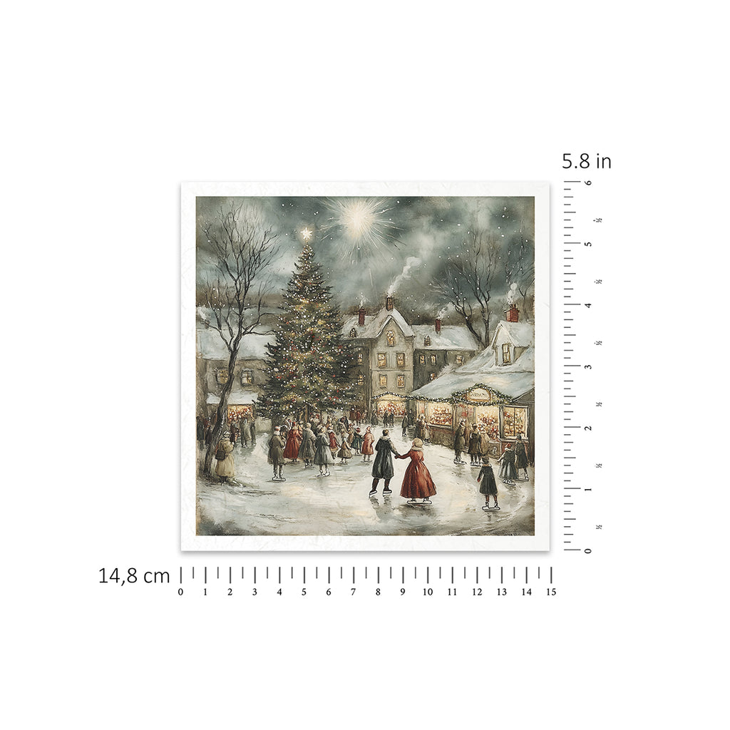 6 images of snowy festive town with vintage ice skaters carolers and sleighs