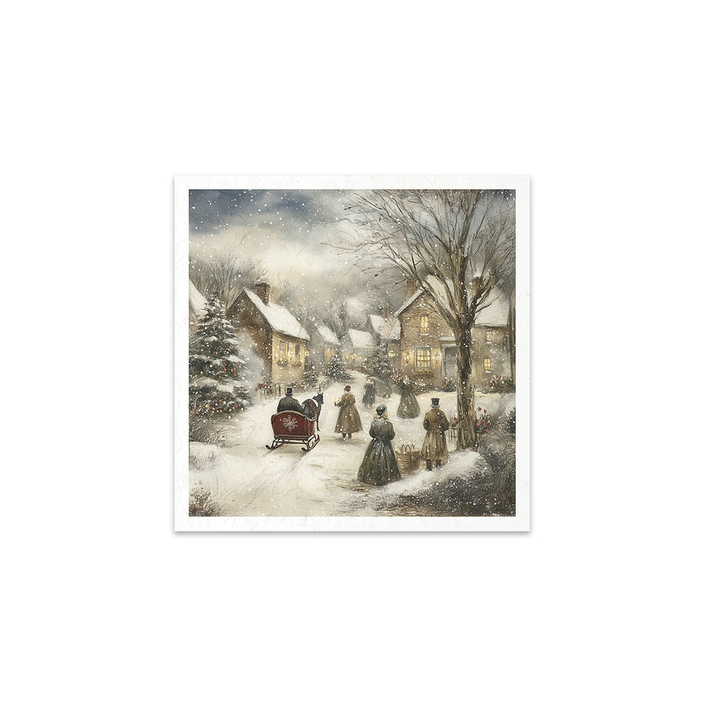 6 images of snowy festive town with vintage ice skaters carolers and sleighs