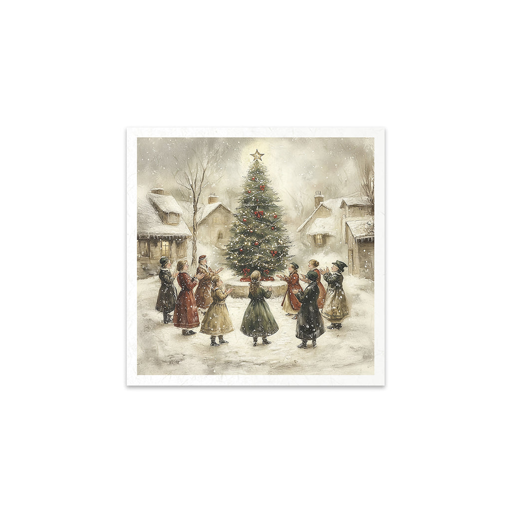 6 images of snowy festive town with vintage ice skaters carolers and sleighs