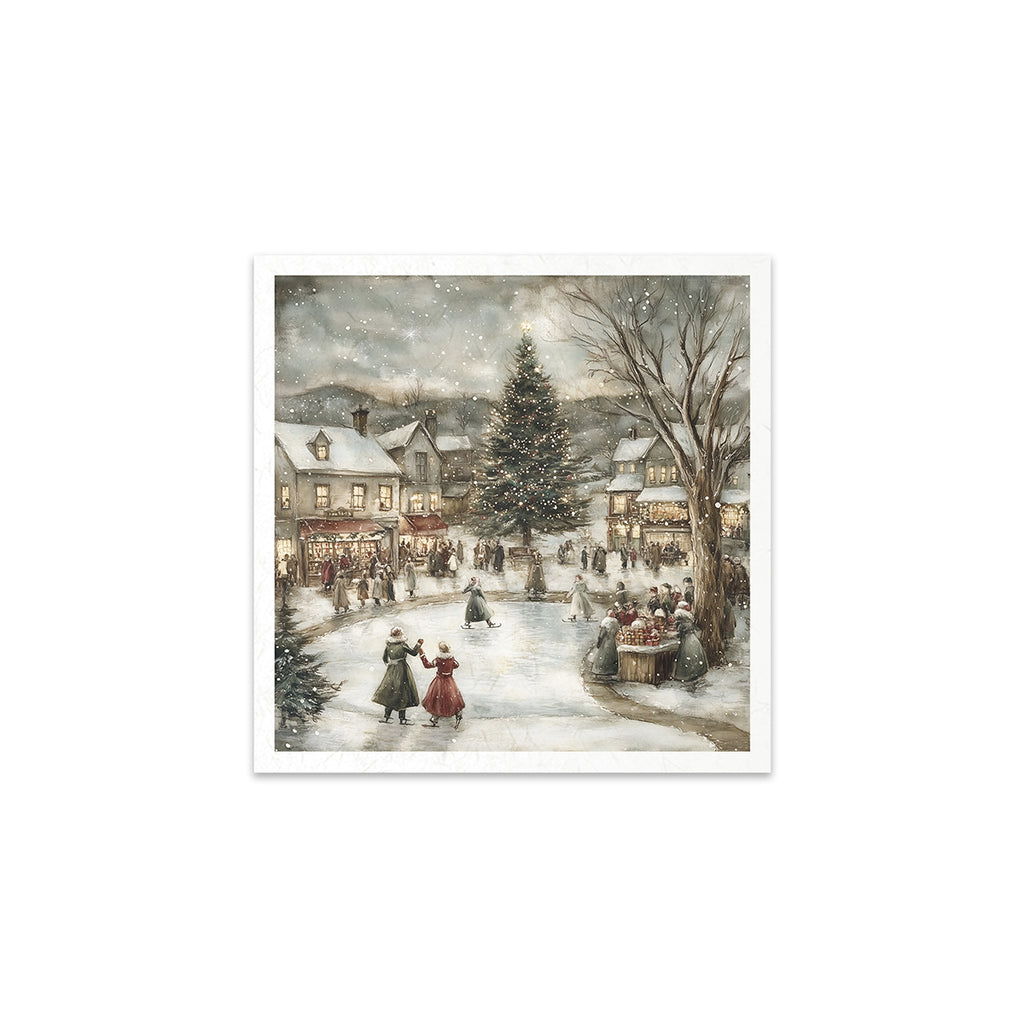 6 images of snowy festive town with vintage ice skaters carolers and sleighs