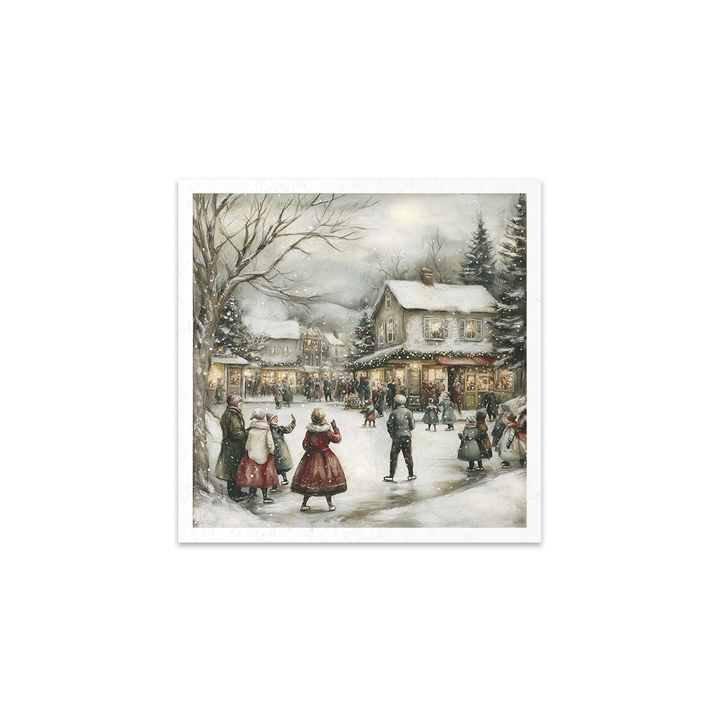 6 images of snowy festive town with vintage ice skaters carolers and sleighs