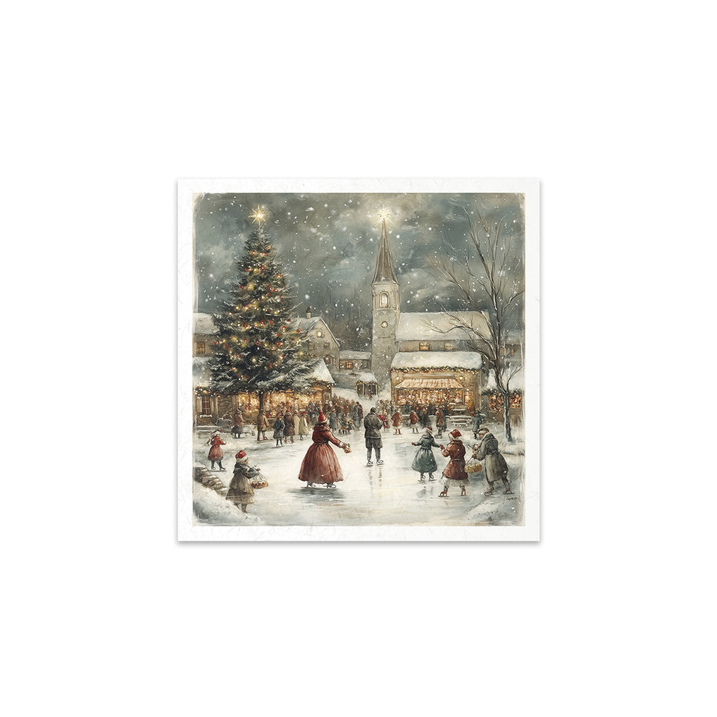 6 images of snowy festive town with vintage ice skaters carolers and sleighs