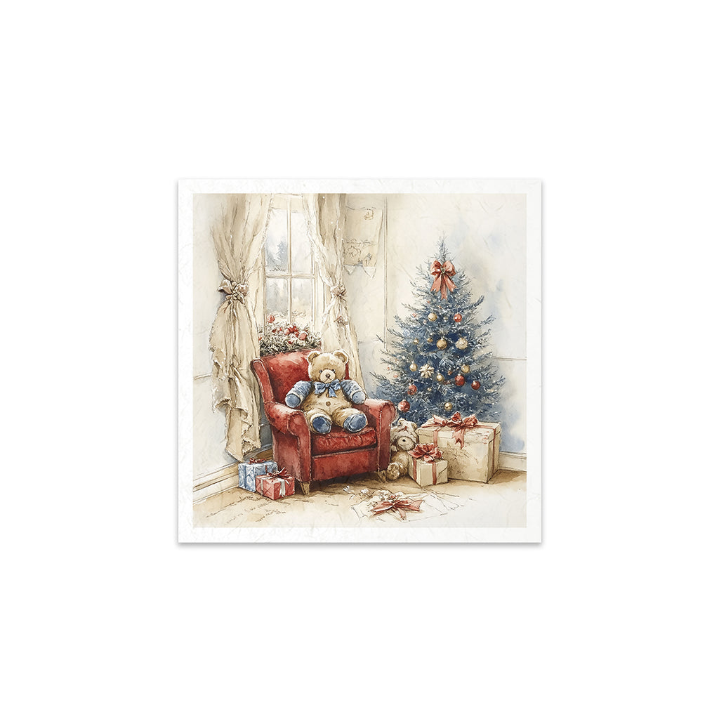 6 images of festive scenes with presents under the tree teddy bears and Santa in his workshop
