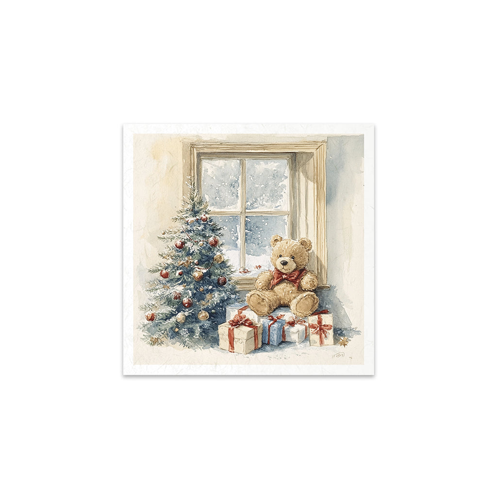 6 images of festive scenes with presents under the tree teddy bears and Santa in his workshop
