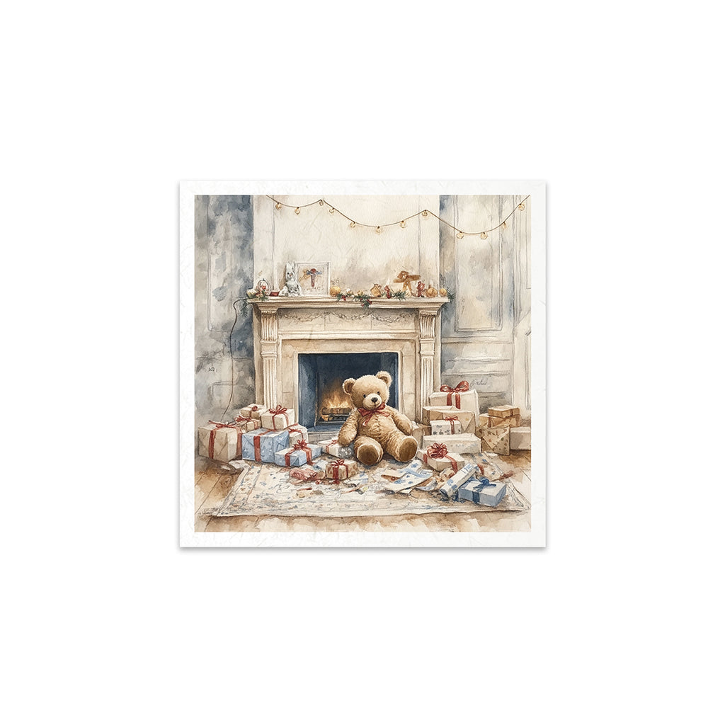 6 images of festive scenes with presents under the tree teddy bears and Santa in his workshop
