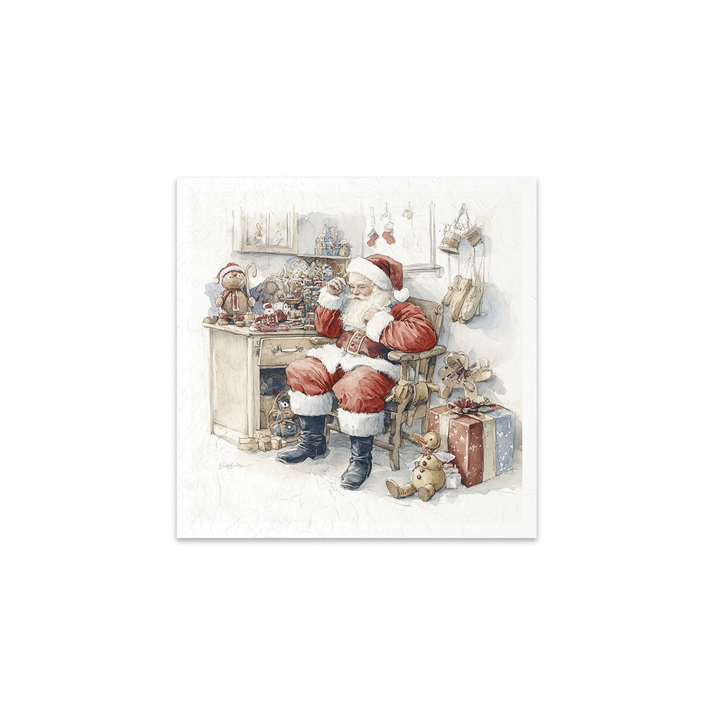 6 images of festive scenes with presents under the tree teddy bears and Santa in his workshop