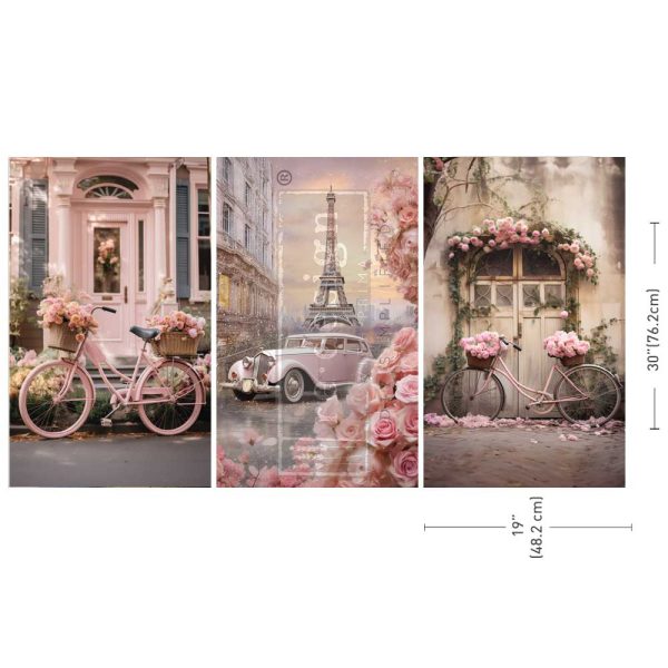 Parisian Bloom Haven ReDesign with Prima Decoupage Tissue Paper set of 3 designs. The large 19"x30" size features pink vintage car, bike, Paris and flowers.