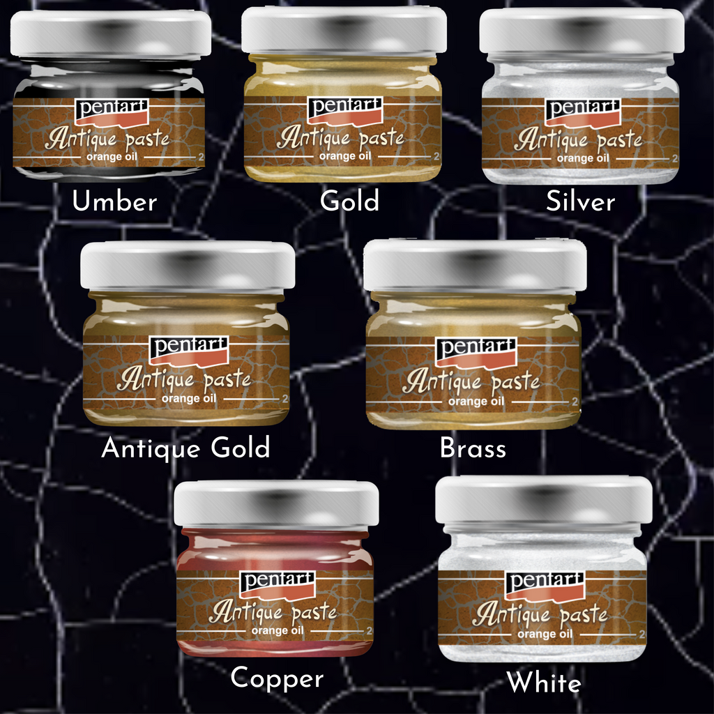 Seven color jars of Pentart Antique Paste, ideal for enhancing crafts with a vintage flair. Easy to apply, it fills cracks for a timeless, aged look