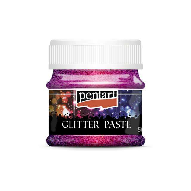 pink glitter paint paint in clear jar with white top from Pentart