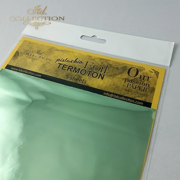 ITD Collection - Termoton Foil Sheets 6"x6" 5/Pkg - Pistachio Metallic. Add shimmer and shine to any project. This pack of 10 sheets can add a metallic element to your projects with or without the use of hot foiling