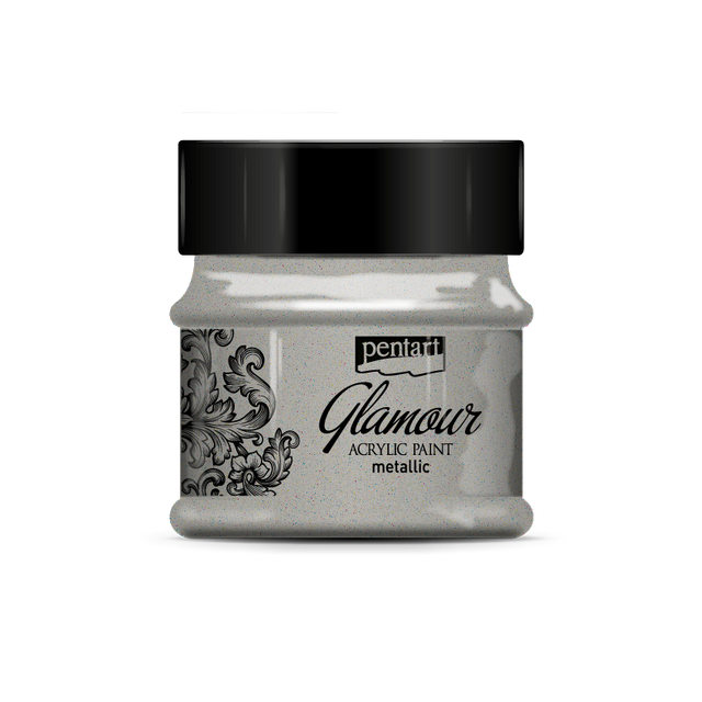 Platinum  Glamour Metallic paint in clear jar with black top from Pentart