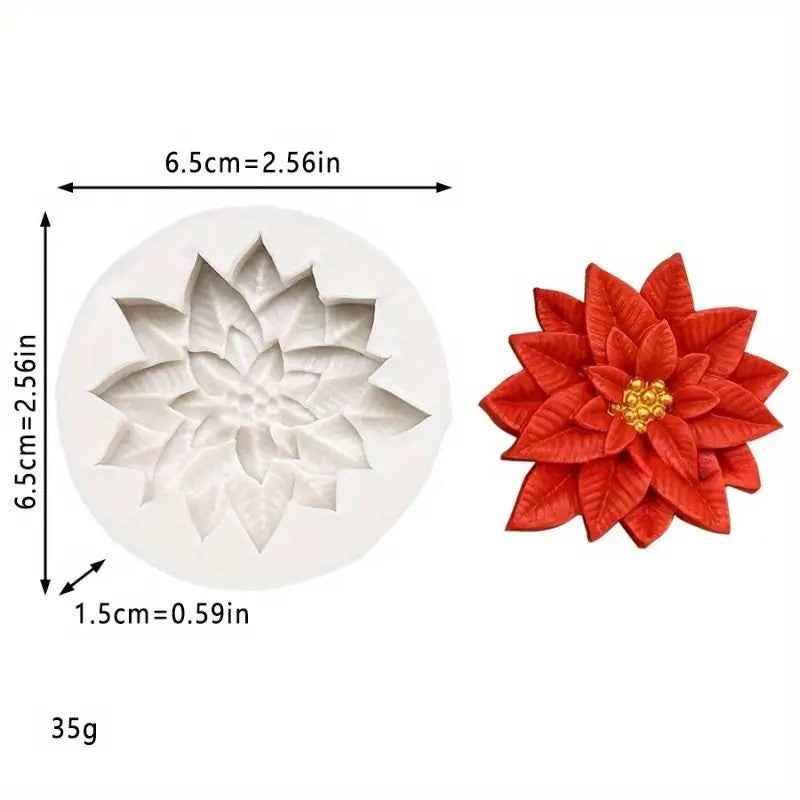 Silicone mold of a flower with dimensions and a red flower decoration on a white background