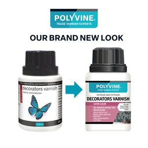 Two bottles of Polyvine decorators varnish with a brand new look comparison on a white background.