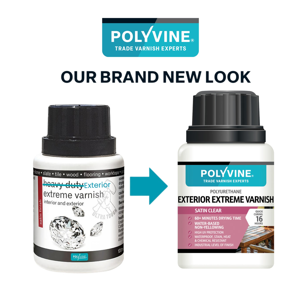 Two bottles of Polyvine exterior extreme varnish with a brand new look banner above them.