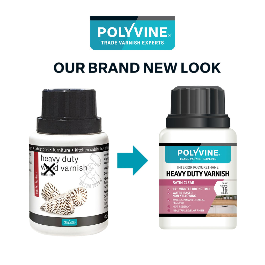 Two bottles of Polyvine heavy duty varnish with a brand new look comparison on a white background.