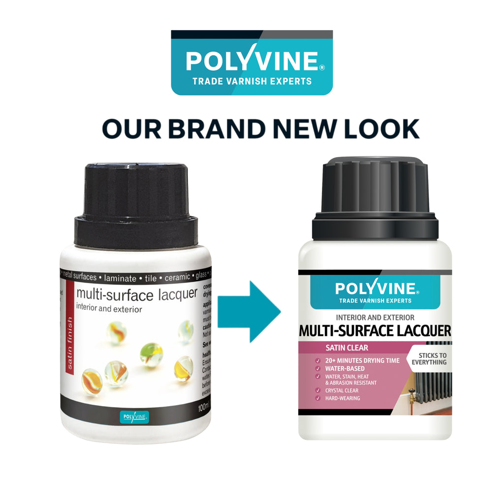 Two bottles of Polyvine multi-surface lacquer with a brand new look label.