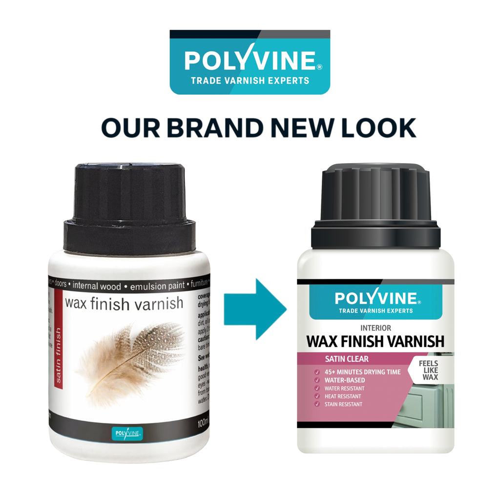 Two bottles of Polyvine wax finish varnish with a brand new look text above them.