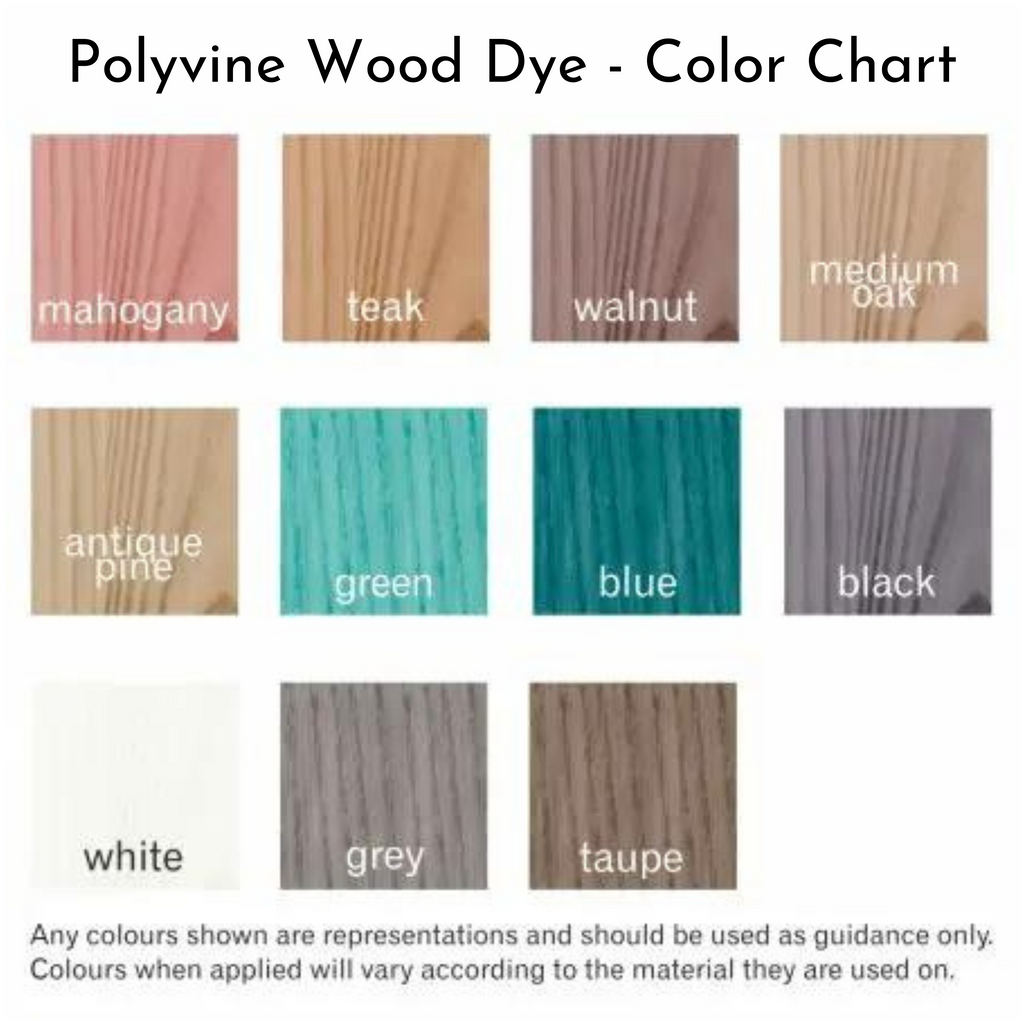 Polyvine Wood Dye with Color chart featuring 11 shades including mahogany, teak, pine, green, walnut, oak, grey, blue, black and taupe.