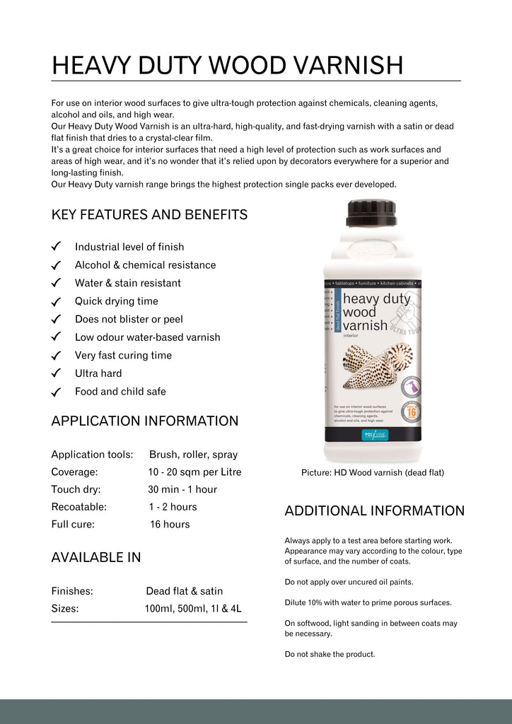 Polyvine Heavy Duty Wood Varnish specifications sheet.